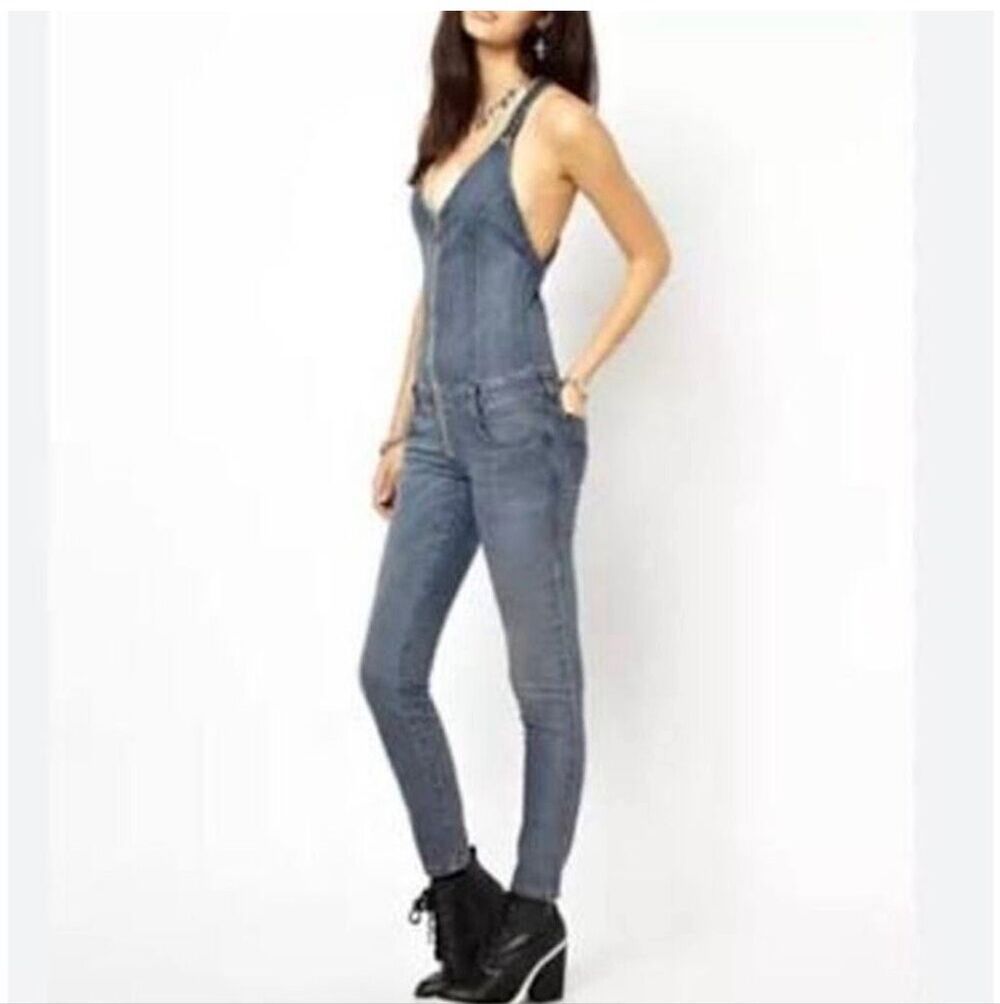 Diesel denim fitted jumpsuit front zipper and crisscross straps size XS
